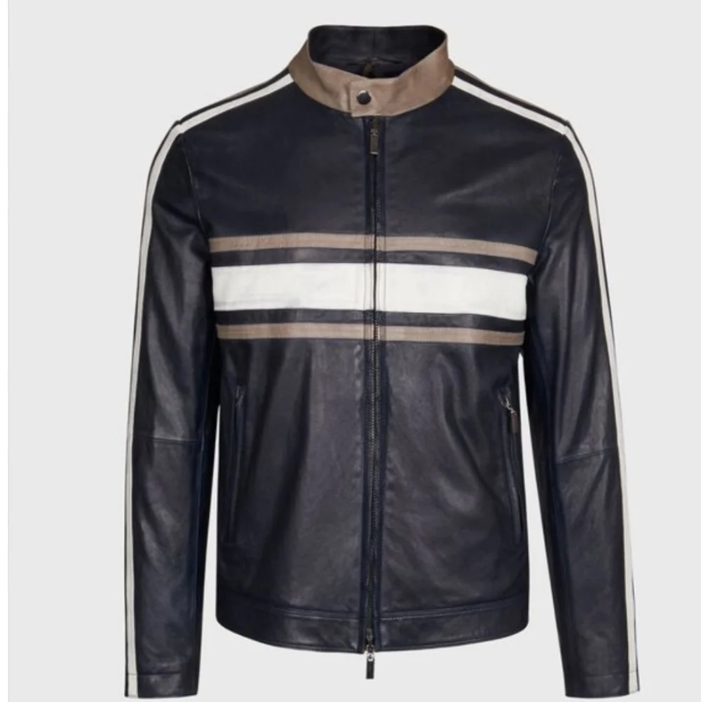 Phineas Cole Leather Riding Jacket with Stripe, Dark Blue - Picture 1 of 10